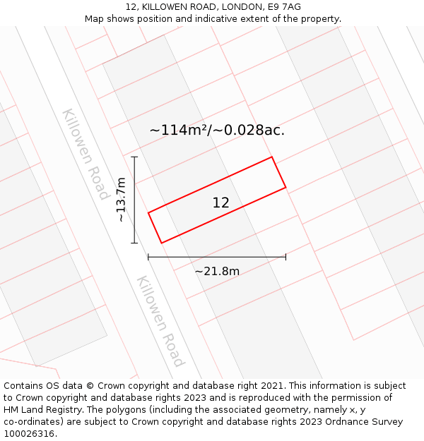 12, KILLOWEN ROAD, LONDON, E9 7AG: Plot and title map