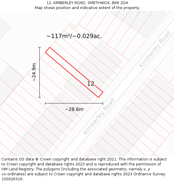 12, KIMBERLEY ROAD, SMETHWICK, B66 2DA: Plot and title map