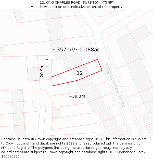 12, KING CHARLES ROAD, SURBITON, KT5 8PY: Plot and title map