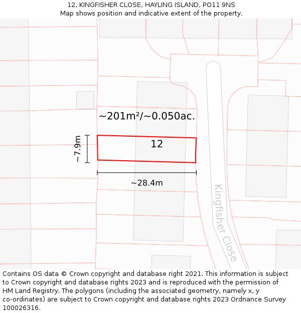 12, KINGFISHER CLOSE, HAYLING ISLAND, PO11 9NS: Plot and title map