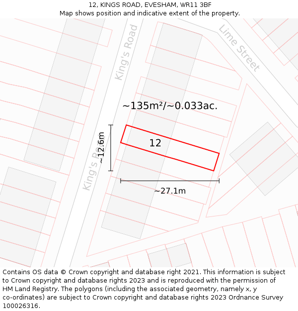 12, KINGS ROAD, EVESHAM, WR11 3BF: Plot and title map