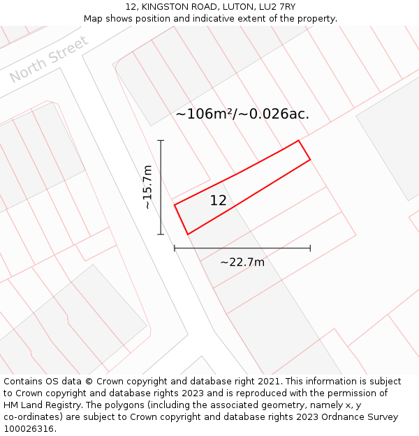 12, KINGSTON ROAD, LUTON, LU2 7RY: Plot and title map