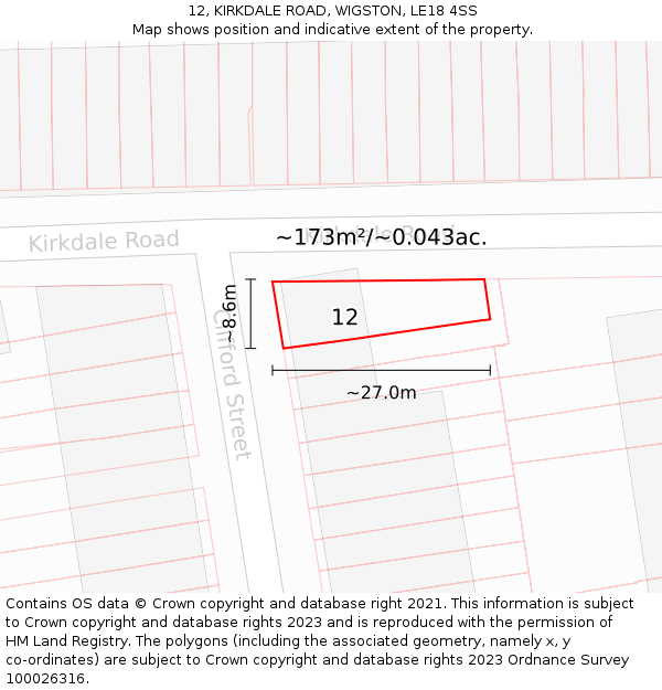 12, KIRKDALE ROAD, WIGSTON, LE18 4SS: Plot and title map