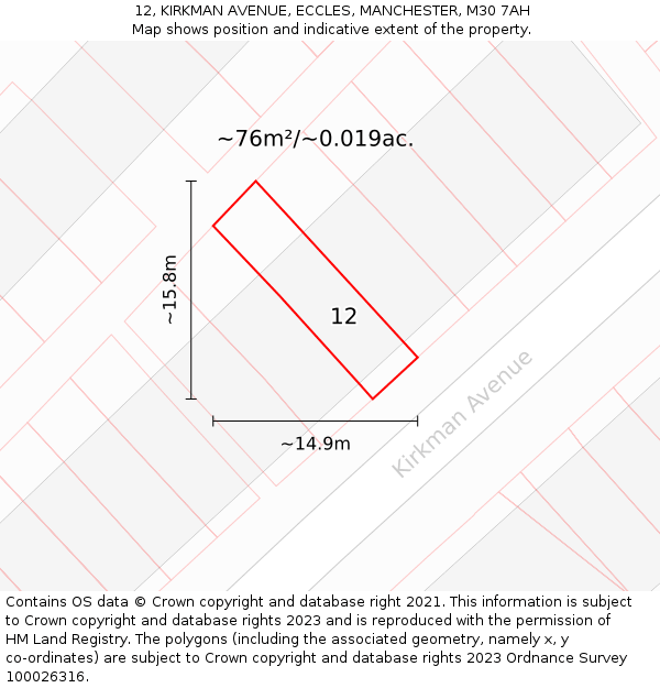 12, KIRKMAN AVENUE, ECCLES, MANCHESTER, M30 7AH: Plot and title map