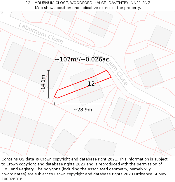 12, LABURNUM CLOSE, WOODFORD HALSE, DAVENTRY, NN11 3NZ: Plot and title map