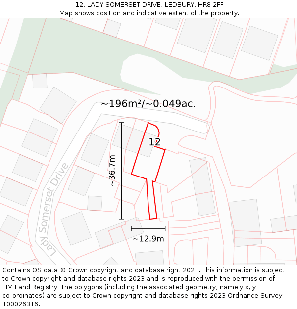 12, LADY SOMERSET DRIVE, LEDBURY, HR8 2FF: Plot and title map