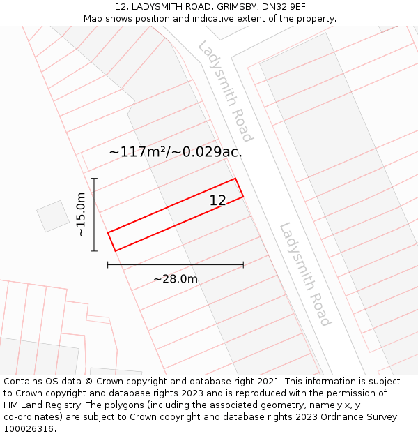 12, LADYSMITH ROAD, GRIMSBY, DN32 9EF: Plot and title map