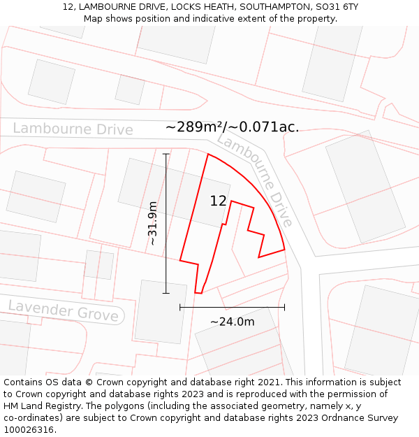 12, LAMBOURNE DRIVE, LOCKS HEATH, SOUTHAMPTON, SO31 6TY: Plot and title map