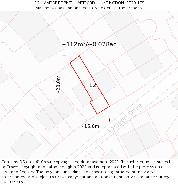 12, LAMPORT DRIVE, HARTFORD, HUNTINGDON, PE29 1ES: Plot and title map