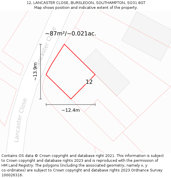 12, LANCASTER CLOSE, BURSLEDON, SOUTHAMPTON, SO31 8GT: Plot and title map