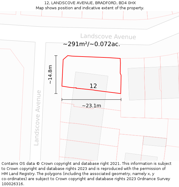 12, LANDSCOVE AVENUE, BRADFORD, BD4 0HX: Plot and title map