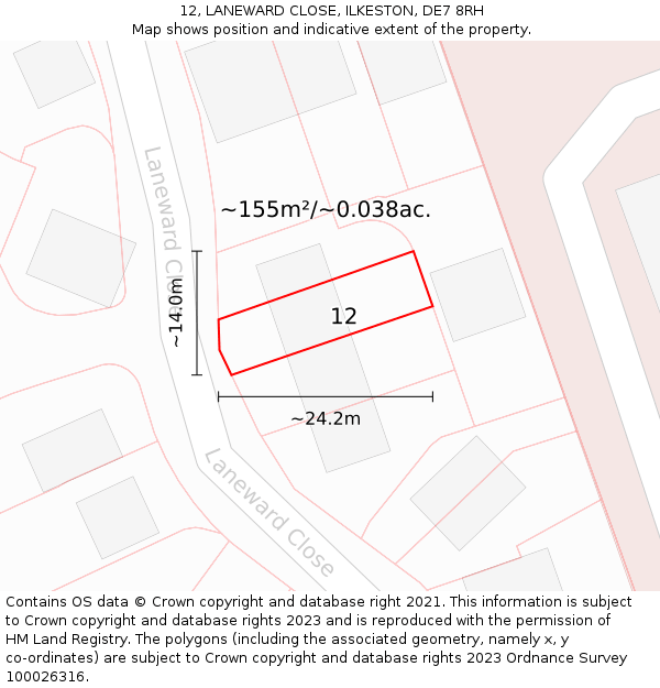 12, LANEWARD CLOSE, ILKESTON, DE7 8RH: Plot and title map