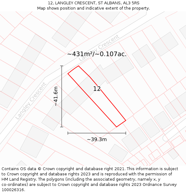 12, LANGLEY CRESCENT, ST ALBANS, AL3 5RS: Plot and title map