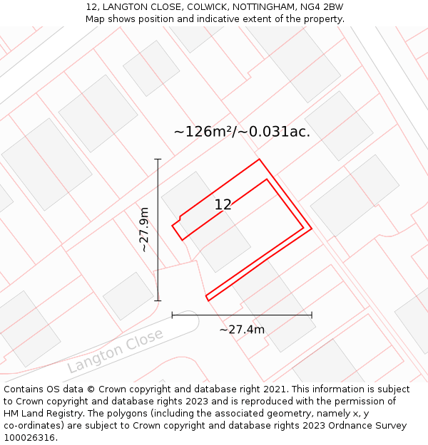 12, LANGTON CLOSE, COLWICK, NOTTINGHAM, NG4 2BW: Plot and title map