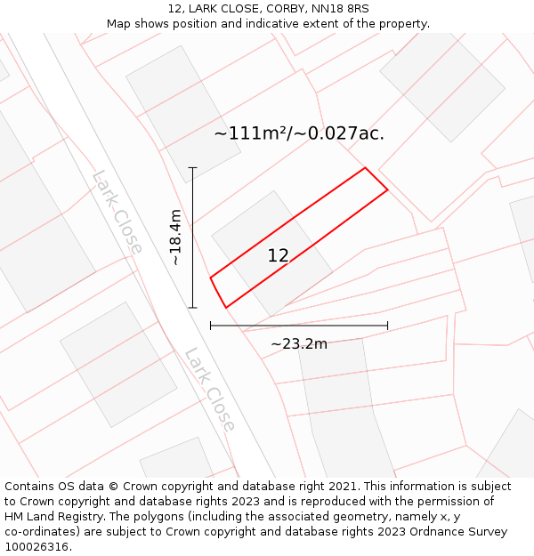12, LARK CLOSE, CORBY, NN18 8RS: Plot and title map