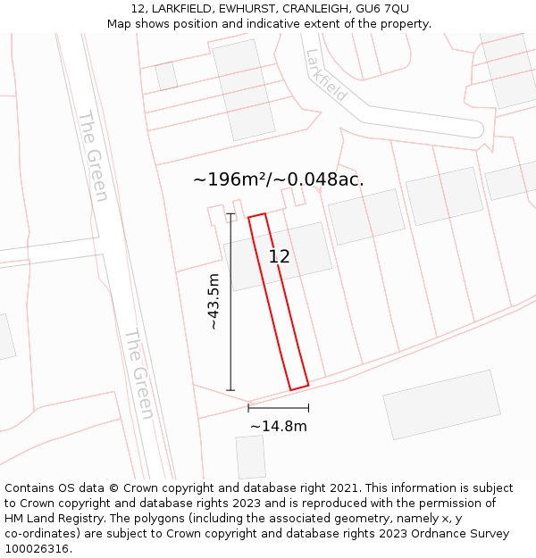 12, LARKFIELD, EWHURST, CRANLEIGH, GU6 7QU: Plot and title map