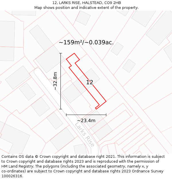 12, LARKS RISE, HALSTEAD, CO9 2HB: Plot and title map