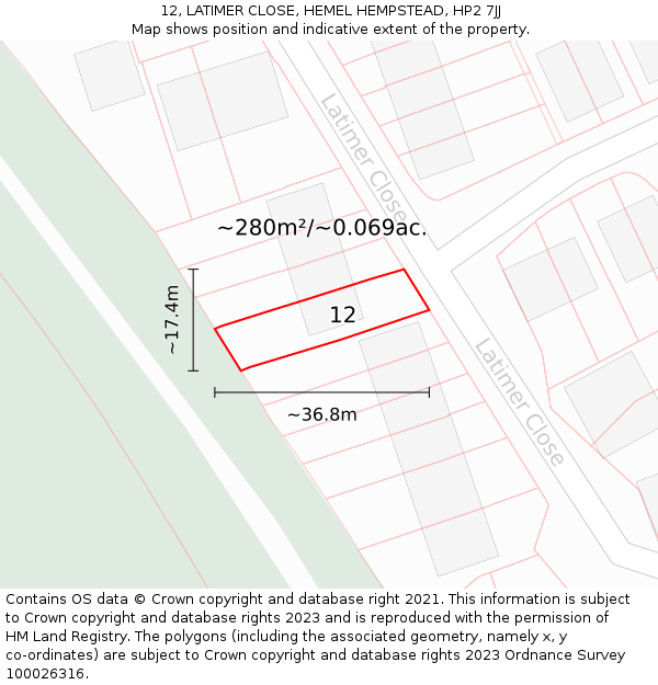 12, LATIMER CLOSE, HEMEL HEMPSTEAD, HP2 7JJ: Plot and title map