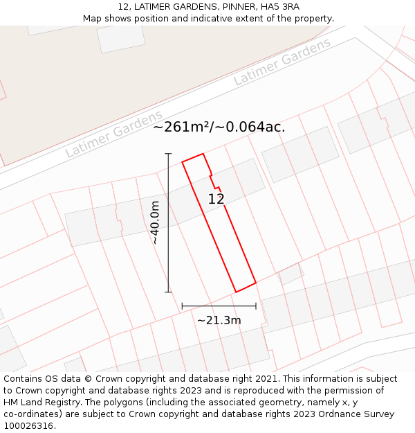 12, LATIMER GARDENS, PINNER, HA5 3RA: Plot and title map
