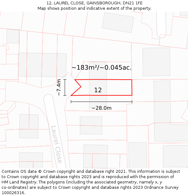 12, LAUREL CLOSE, GAINSBOROUGH, DN21 1FE: Plot and title map