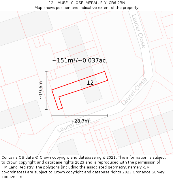 12, LAUREL CLOSE, MEPAL, ELY, CB6 2BN: Plot and title map