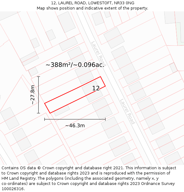 12, LAUREL ROAD, LOWESTOFT, NR33 0NG: Plot and title map