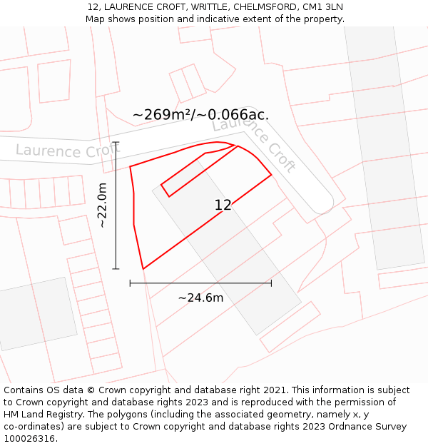 12, LAURENCE CROFT, WRITTLE, CHELMSFORD, CM1 3LN: Plot and title map