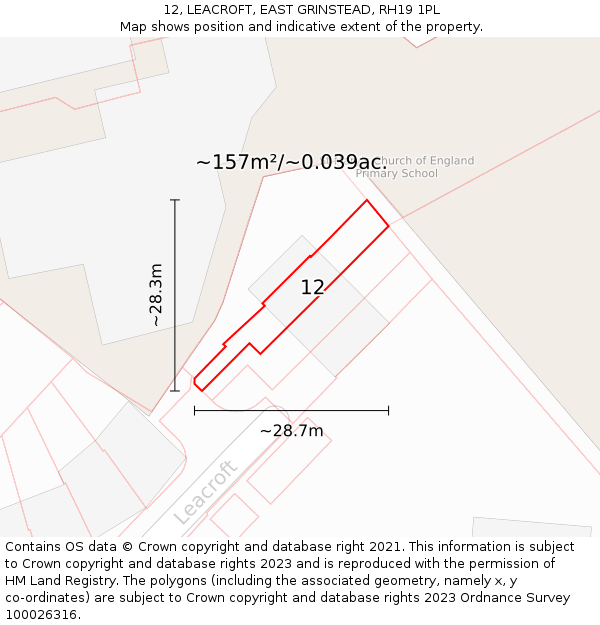 12, LEACROFT, EAST GRINSTEAD, RH19 1PL: Plot and title map