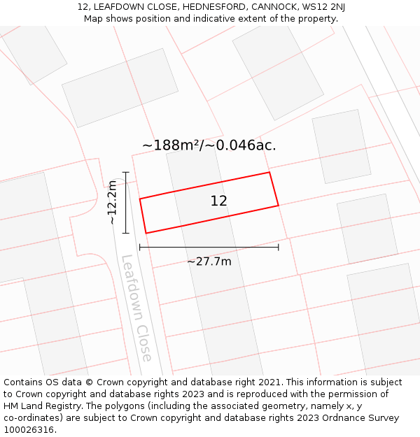 12, LEAFDOWN CLOSE, HEDNESFORD, CANNOCK, WS12 2NJ: Plot and title map