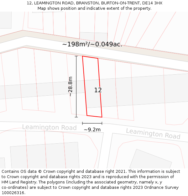 12, LEAMINGTON ROAD, BRANSTON, BURTON-ON-TRENT, DE14 3HX: Plot and title map
