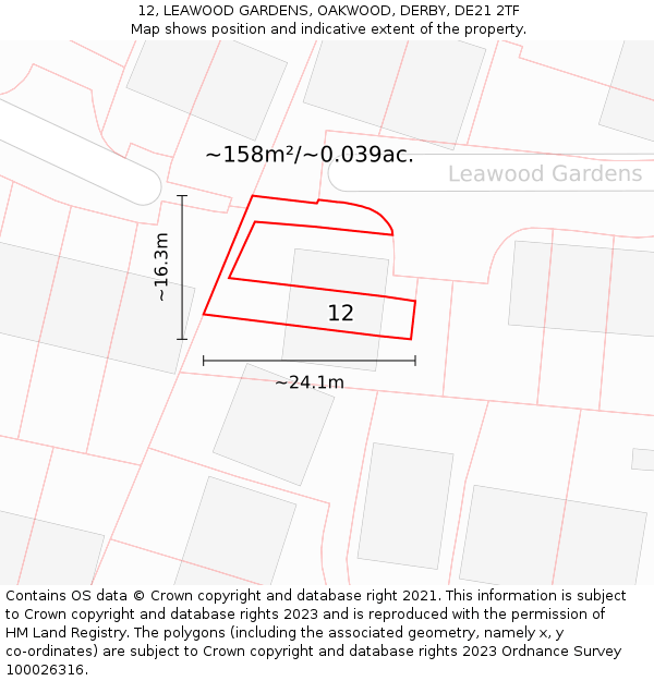 12, LEAWOOD GARDENS, OAKWOOD, DERBY, DE21 2TF: Plot and title map