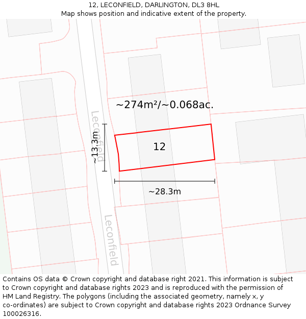 12, LECONFIELD, DARLINGTON, DL3 8HL: Plot and title map