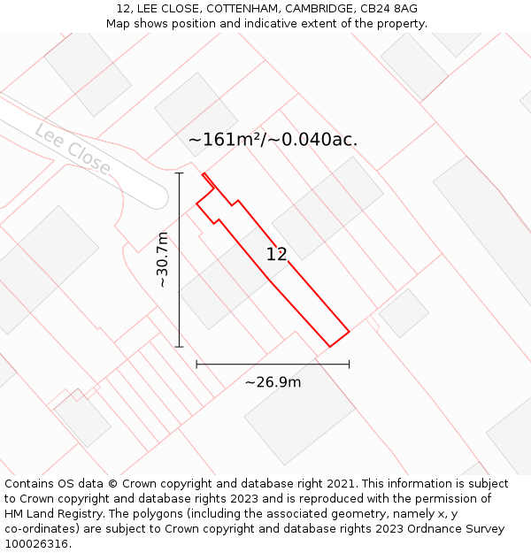 12, LEE CLOSE, COTTENHAM, CAMBRIDGE, CB24 8AG: Plot and title map