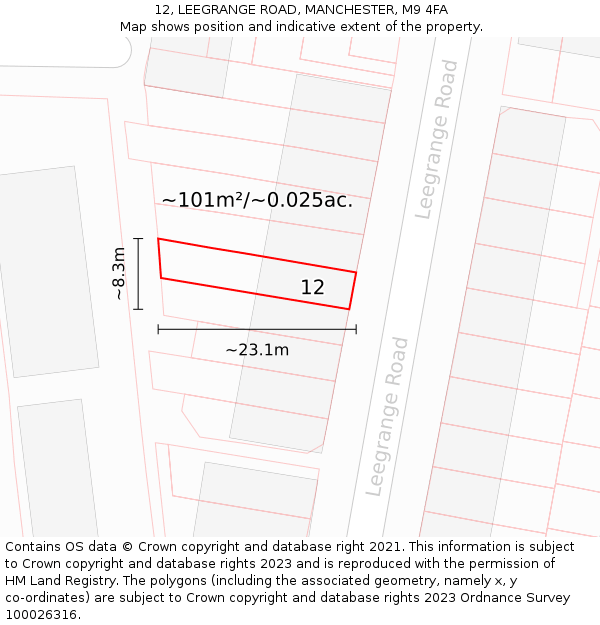 12, LEEGRANGE ROAD, MANCHESTER, M9 4FA: Plot and title map