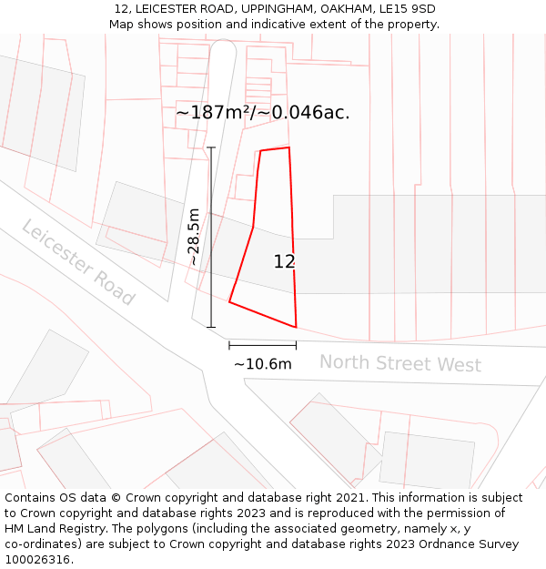 12, LEICESTER ROAD, UPPINGHAM, OAKHAM, LE15 9SD: Plot and title map