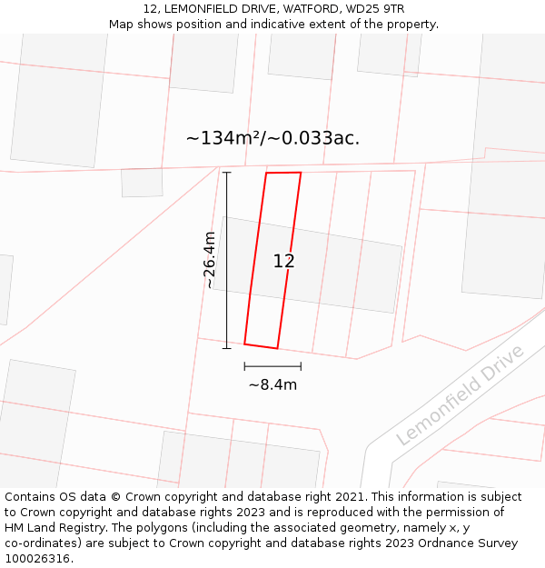 12, LEMONFIELD DRIVE, WATFORD, WD25 9TR: Plot and title map