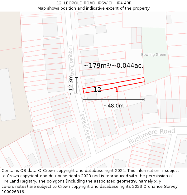 12, LEOPOLD ROAD, IPSWICH, IP4 4RR: Plot and title map