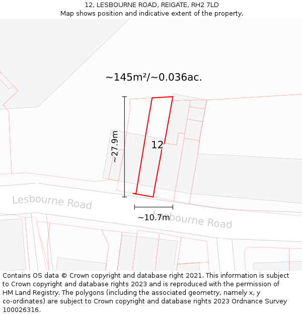 12, LESBOURNE ROAD, REIGATE, RH2 7LD: Plot and title map