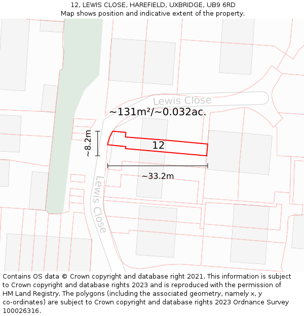 12, LEWIS CLOSE, HAREFIELD, UXBRIDGE, UB9 6RD: Plot and title map