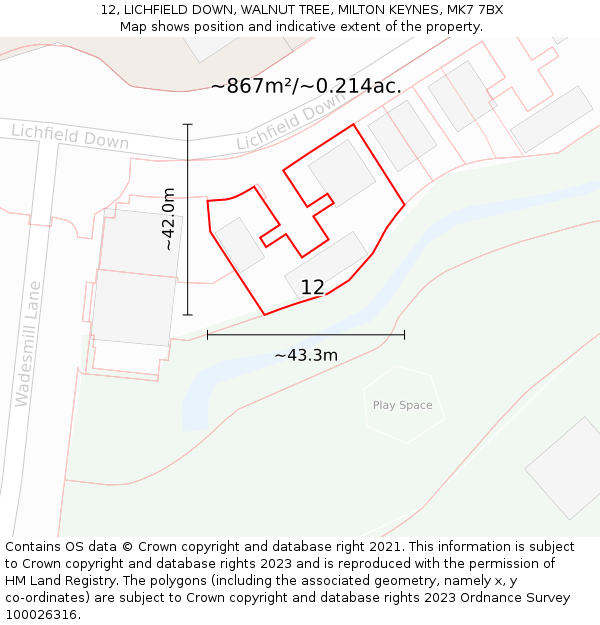 12, LICHFIELD DOWN, WALNUT TREE, MILTON KEYNES, MK7 7BX: Plot and title map