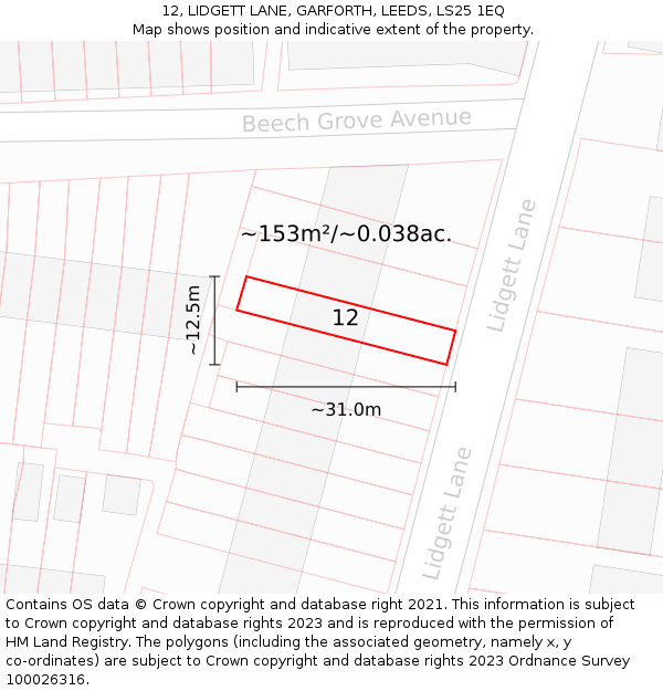 12, LIDGETT LANE, GARFORTH, LEEDS, LS25 1EQ: Plot and title map