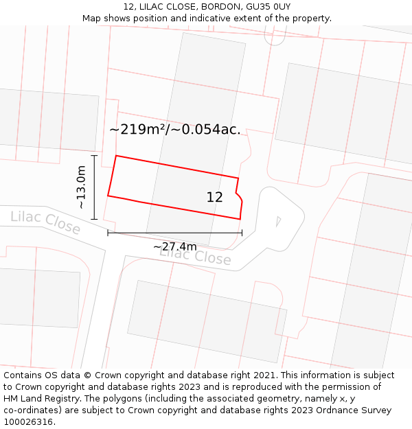 12, LILAC CLOSE, BORDON, GU35 0UY: Plot and title map