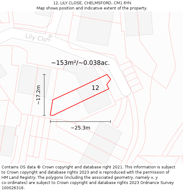 12, LILY CLOSE, CHELMSFORD, CM1 6YN: Plot and title map