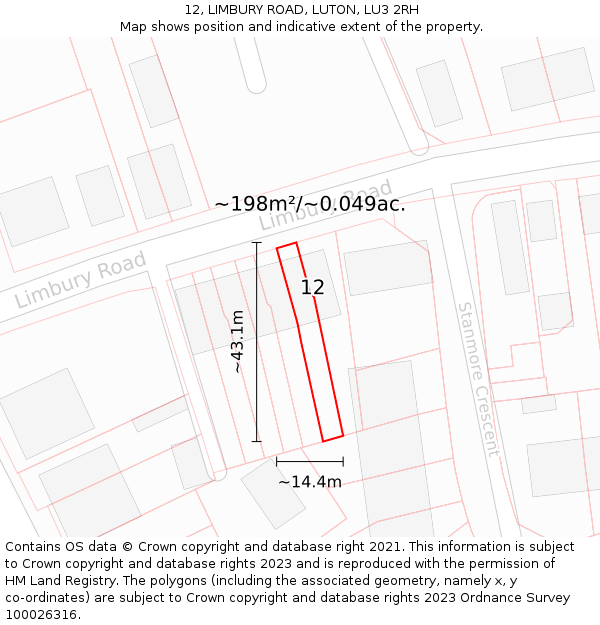 12, LIMBURY ROAD, LUTON, LU3 2RH: Plot and title map