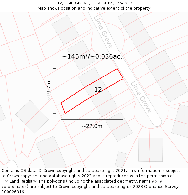 12, LIME GROVE, COVENTRY, CV4 9FB: Plot and title map