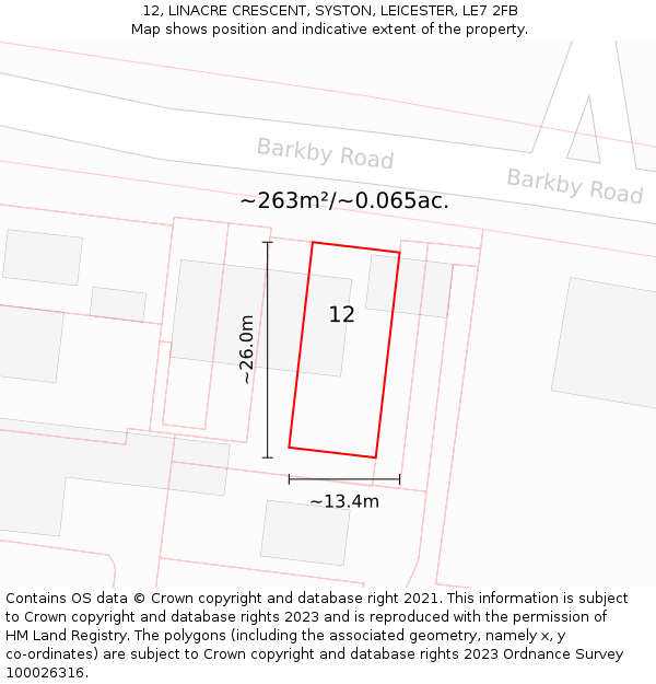 12, LINACRE CRESCENT, SYSTON, LEICESTER, LE7 2FB: Plot and title map