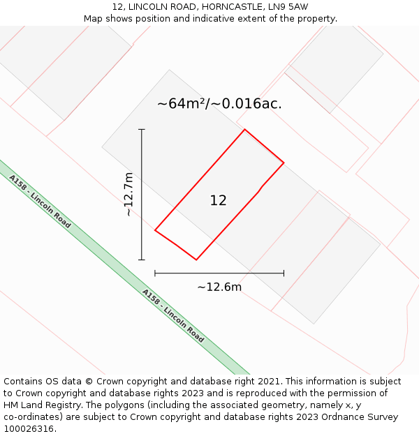 12, LINCOLN ROAD, HORNCASTLE, LN9 5AW: Plot and title map