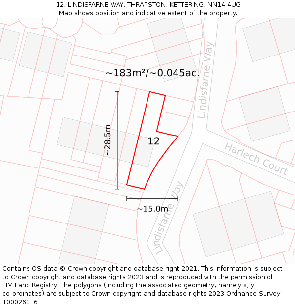12, LINDISFARNE WAY, THRAPSTON, KETTERING, NN14 4UG: Plot and title map