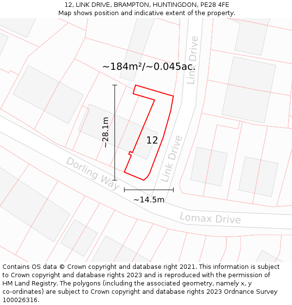 12, LINK DRIVE, BRAMPTON, HUNTINGDON, PE28 4FE: Plot and title map