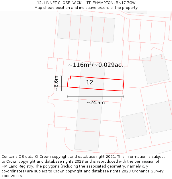 12, LINNET CLOSE, WICK, LITTLEHAMPTON, BN17 7GW: Plot and title map